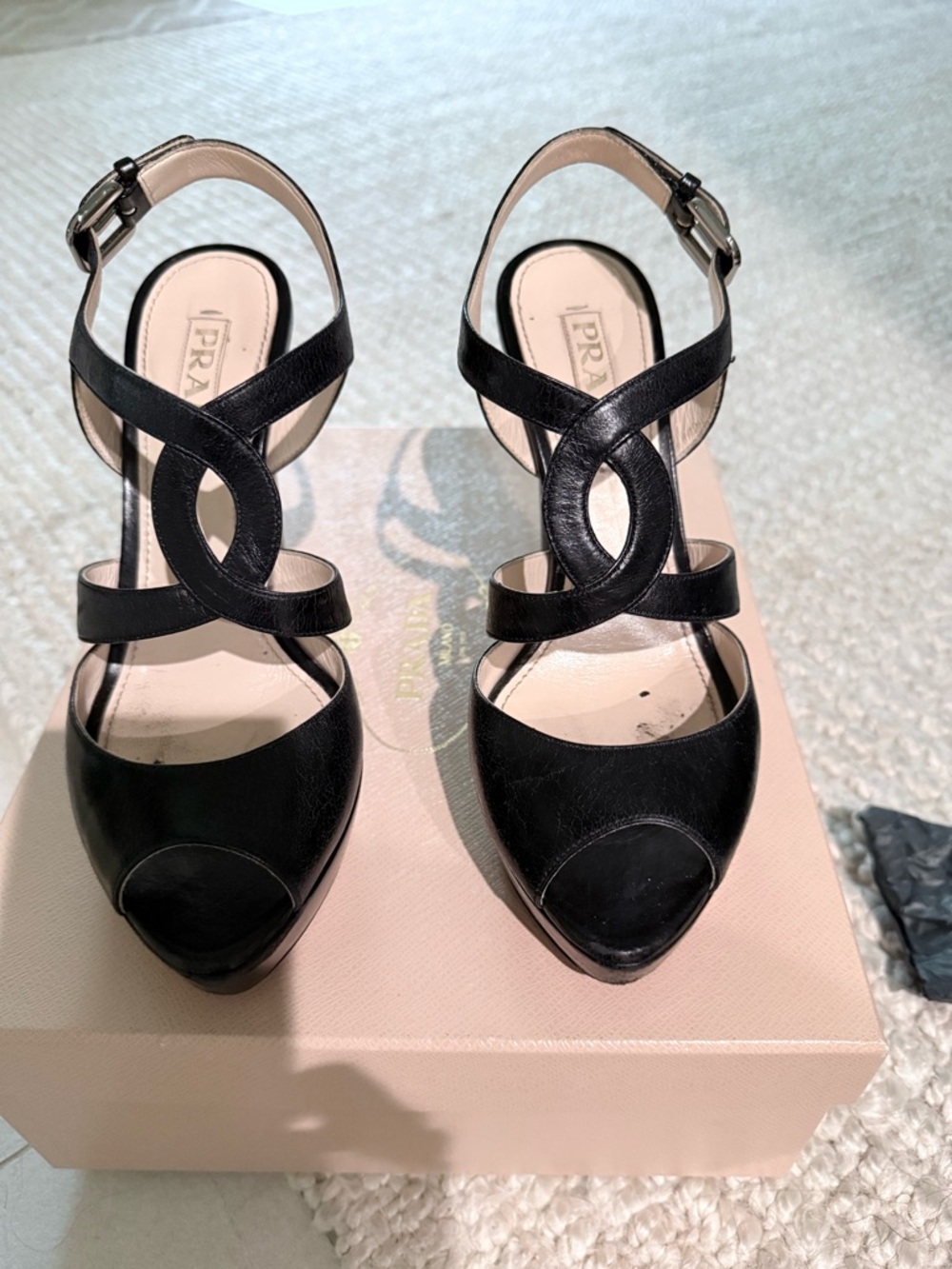 Prada Black Leather Crisscross Slingback Heels